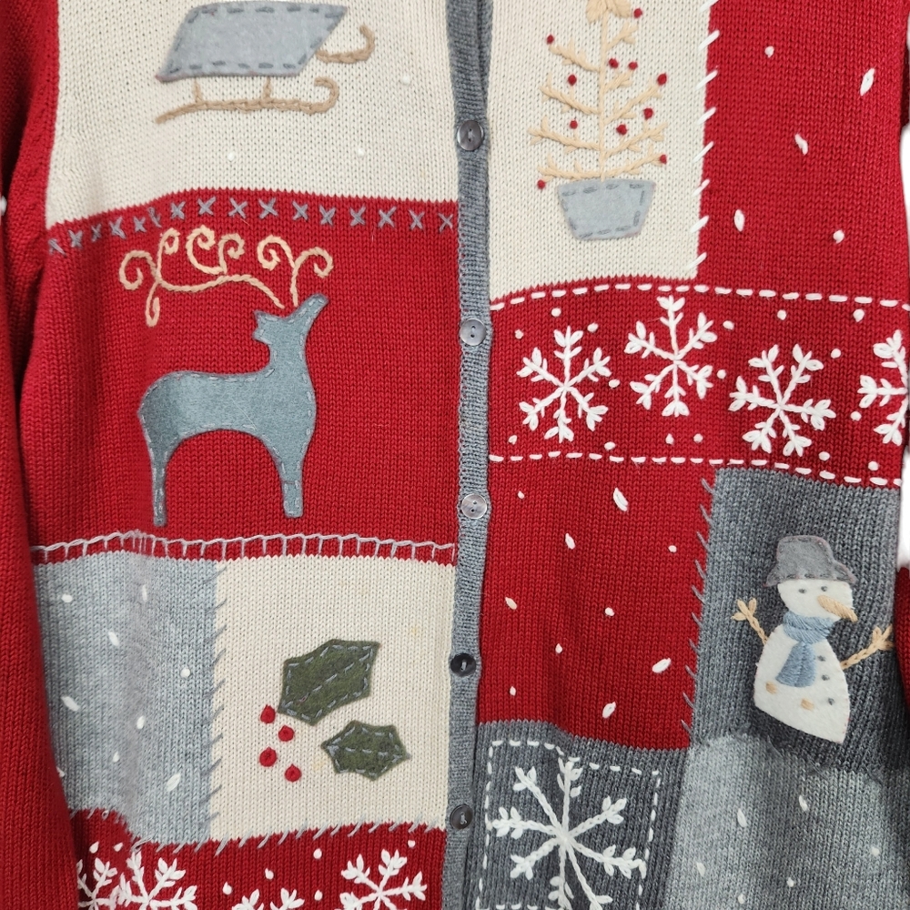 Coldwater Creek Patchwork Cottagecore Cute Christmas Sweater Cardigan Size Small - Picture 3 of 8